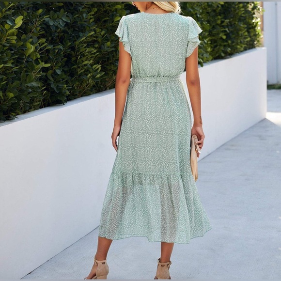 NWOT Mint Green Wrap Midi Leopard Print Dress with Ruffled Flutter Sleeves - Picture 2 of 10